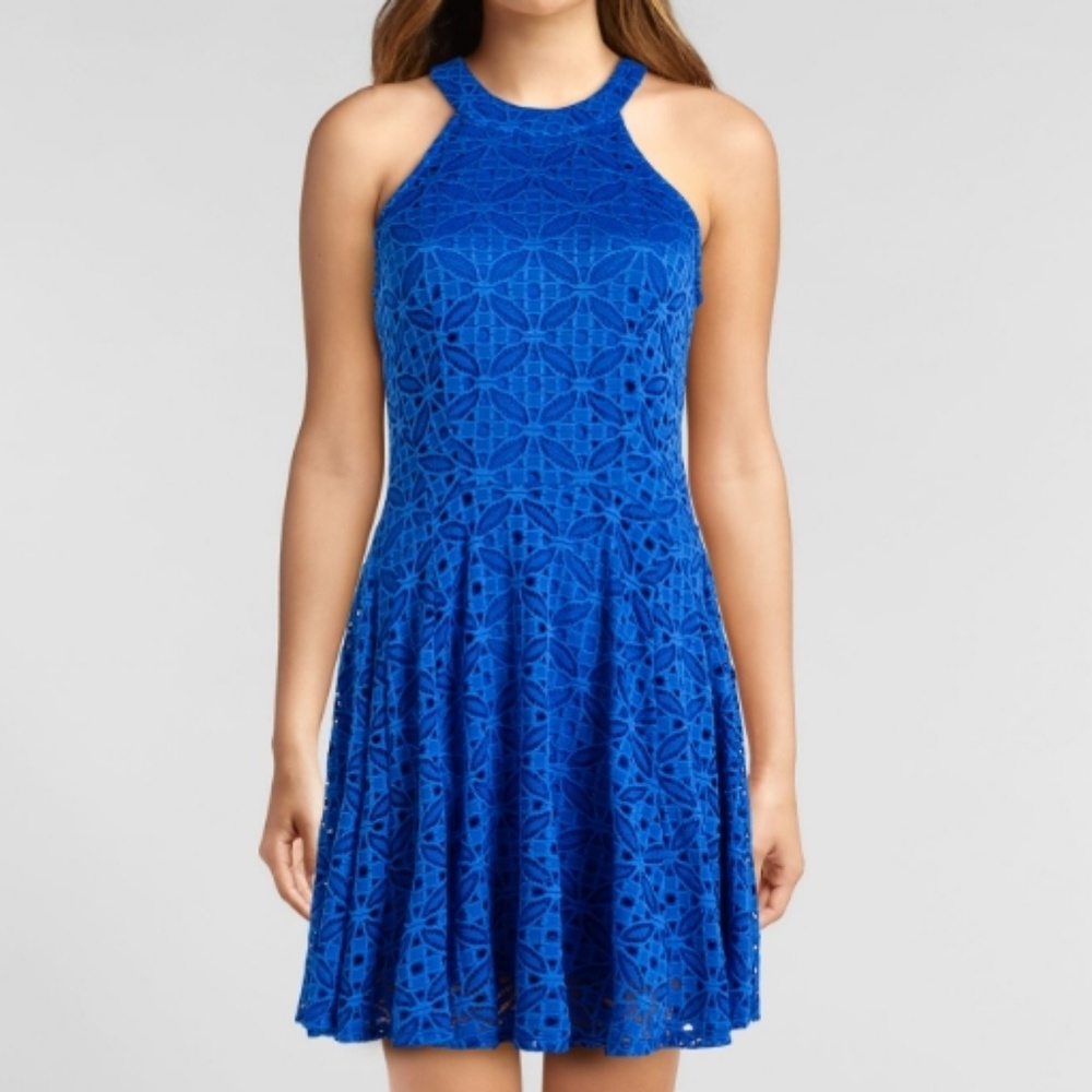 Bebop Lace Midi Skater Sleeveless Choker Collar Dress Fully Lined in Cobalt Blue